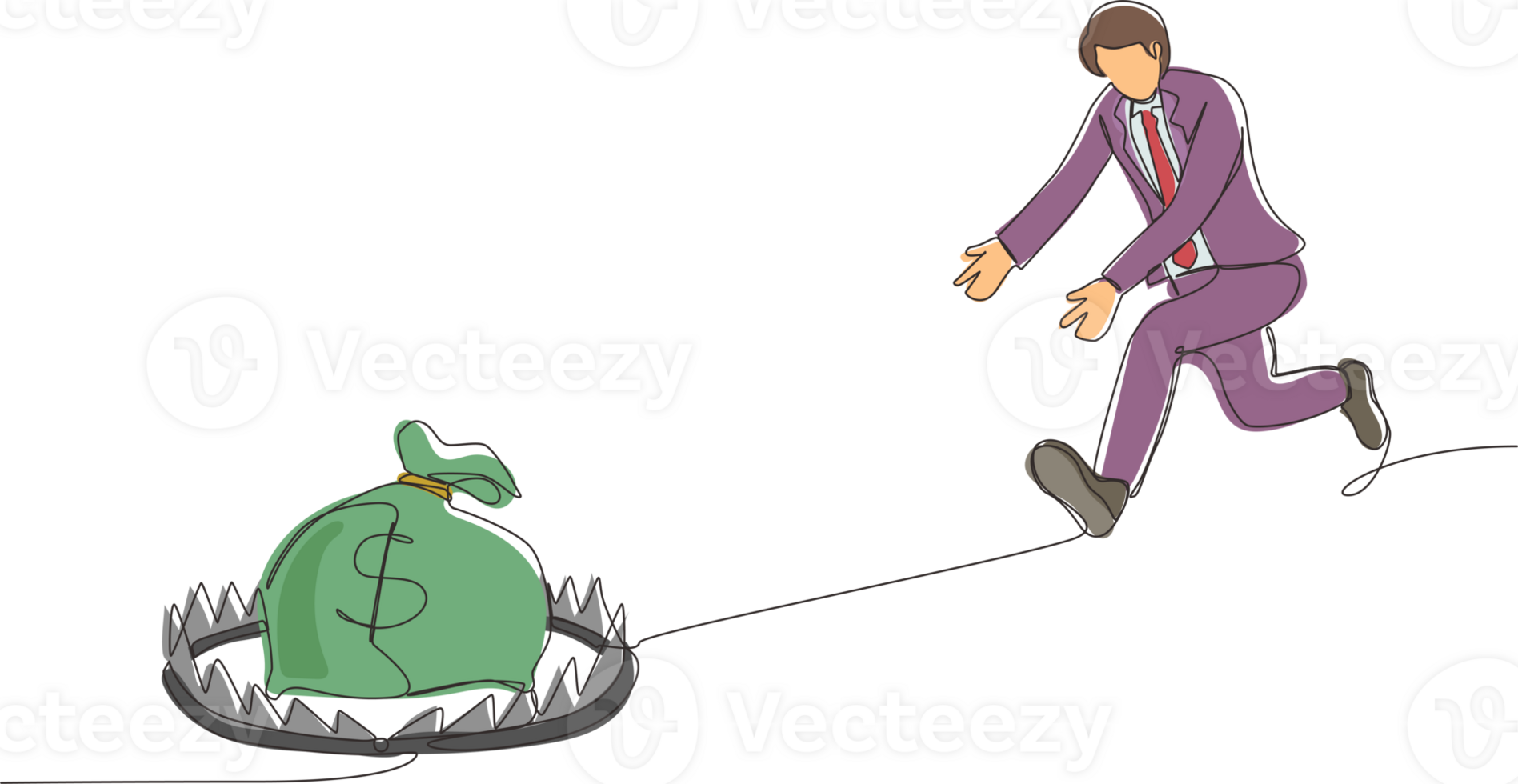 Single one line drawing money trap business. Businessman running to catch money bag in the steel bear trap. Metaphor of greedy financial risk and bad solutions. Continuous line design graphic png