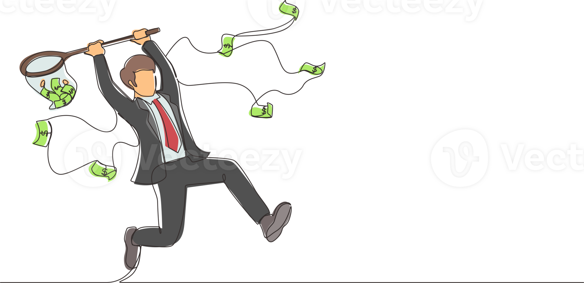 Single continuous line drawing businessman trying to catch flying money with butterfly net. Happy running entrepreneur man using business opportunity to scoop dollar bills. One line draw design png
