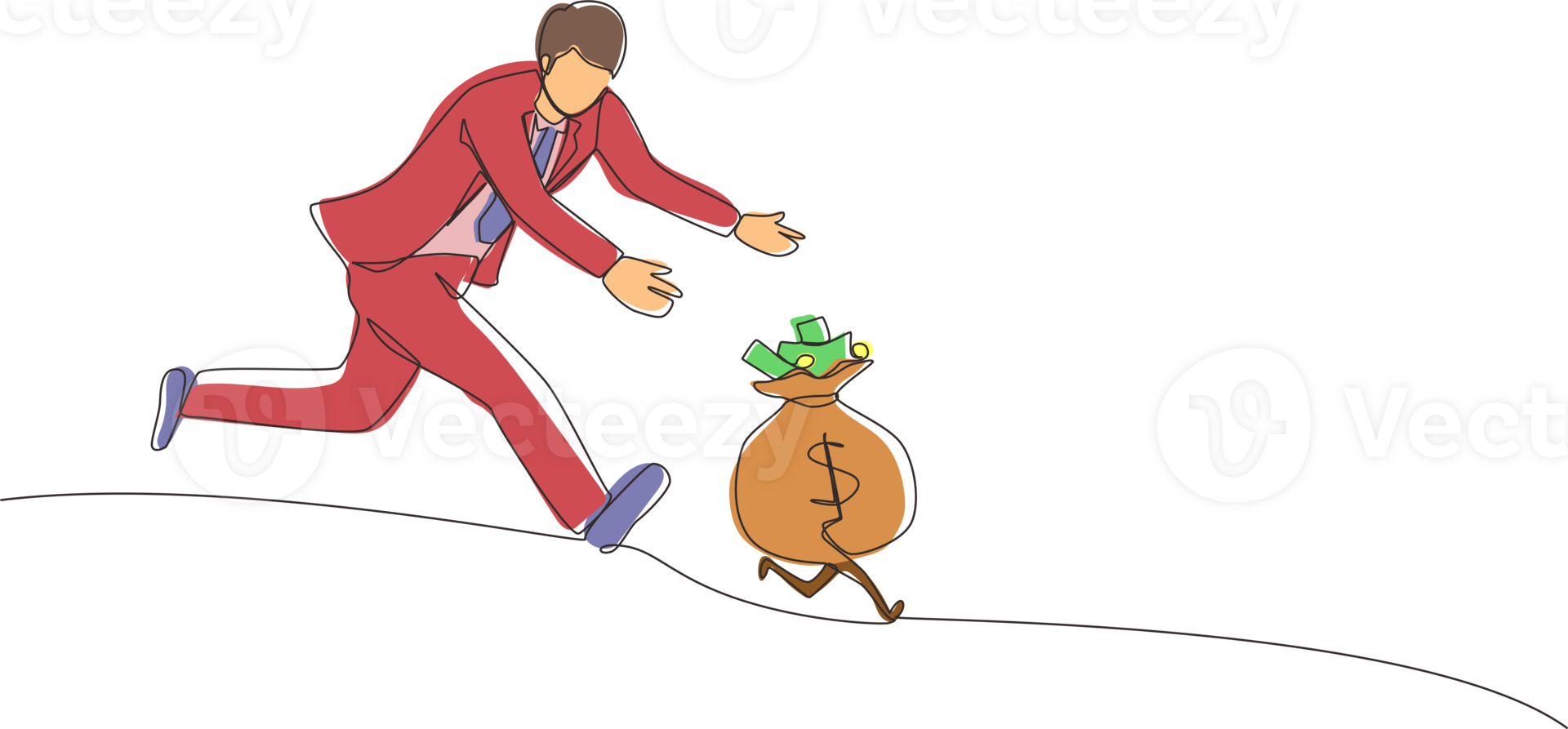 Single continuous line drawing businessman chasing money bag dollar run away. Concept of achieving goals and profits, striving for success, running for money. One line draw design illustration png