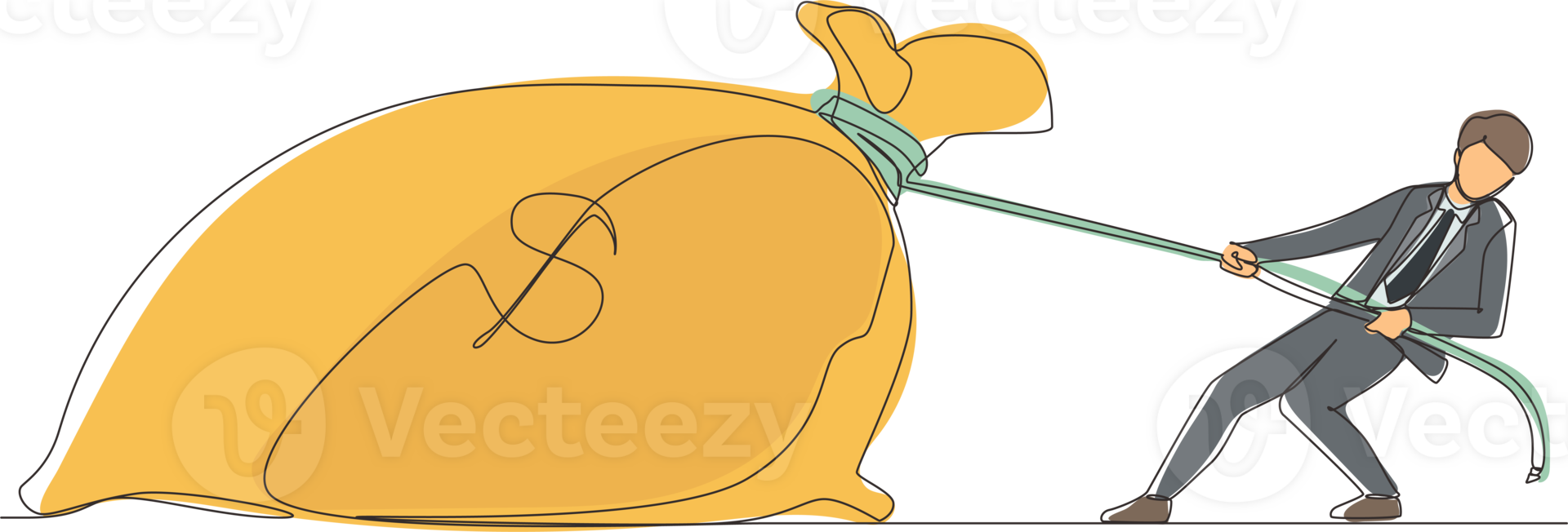 Continuous one line drawing businessman is struggling to pull big bag of money because it is too