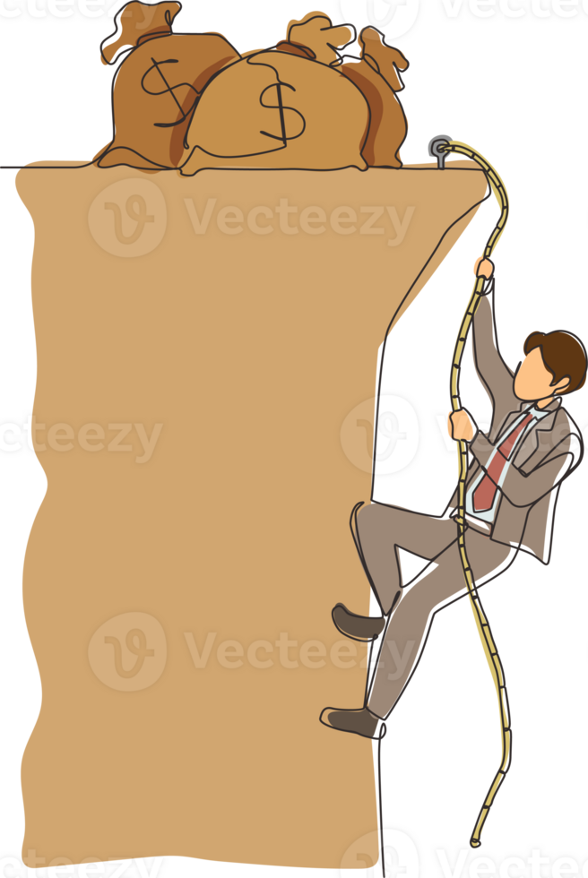 Continuous one line drawing businessman doing rope climbing towards money bag. Climber hanging on rope and pulling himself on top of rocky mountain wall. Single line design graphic illustration png