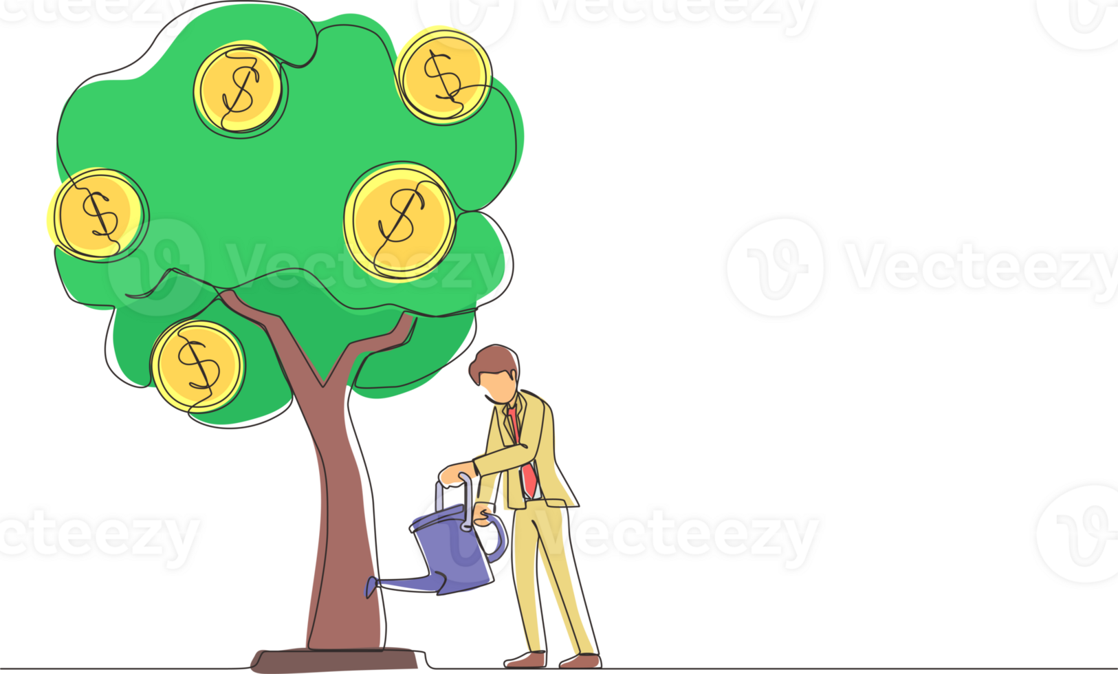 Single one line drawing business investment with money tree illustration. Man watering tree with coins dollar symbols. Business development, profit growth. Continuous line draw design graphic png