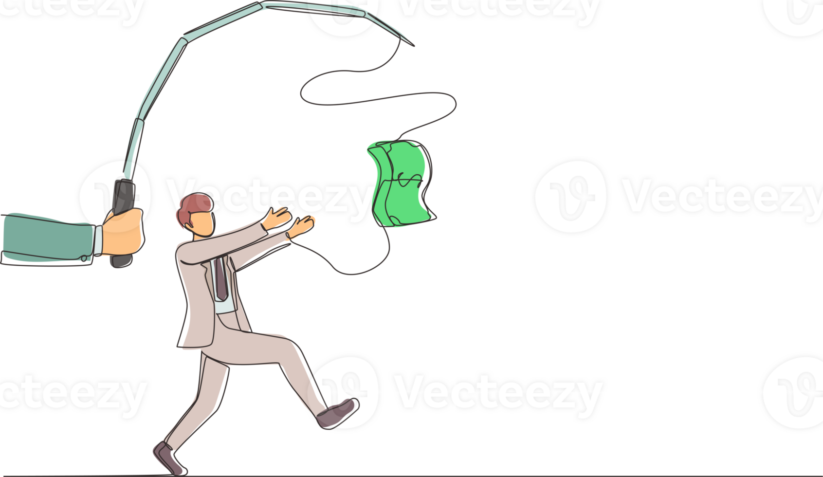 Single continuous line drawing hand with fishing pole and dollar cash control greedy businessman under hypnosis. Man running after dangling dollar and trying to catch it. One line draw design png