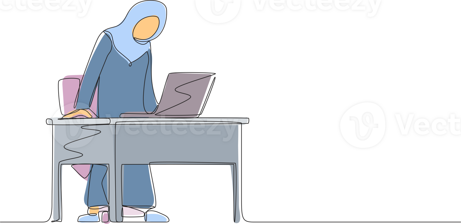 Single one line drawing frustrated and furious Arabic businesswoman shouting and screaming screen laptop on her working desk. Bad workspace emotions. Continuous line design graphic illustration png