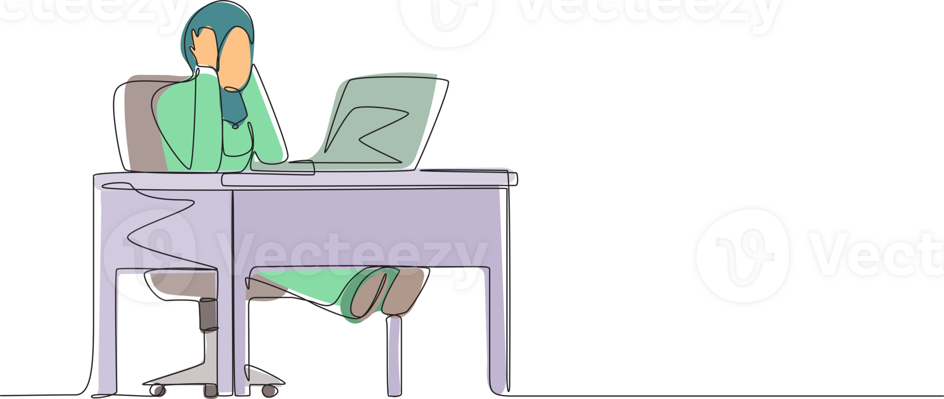 Single continuous line drawing tired office worker woman. Arabian female work at laptop feeling bad. Hold her head. Headache sick, exhausted, stressed, depression. One line draw graphic design png