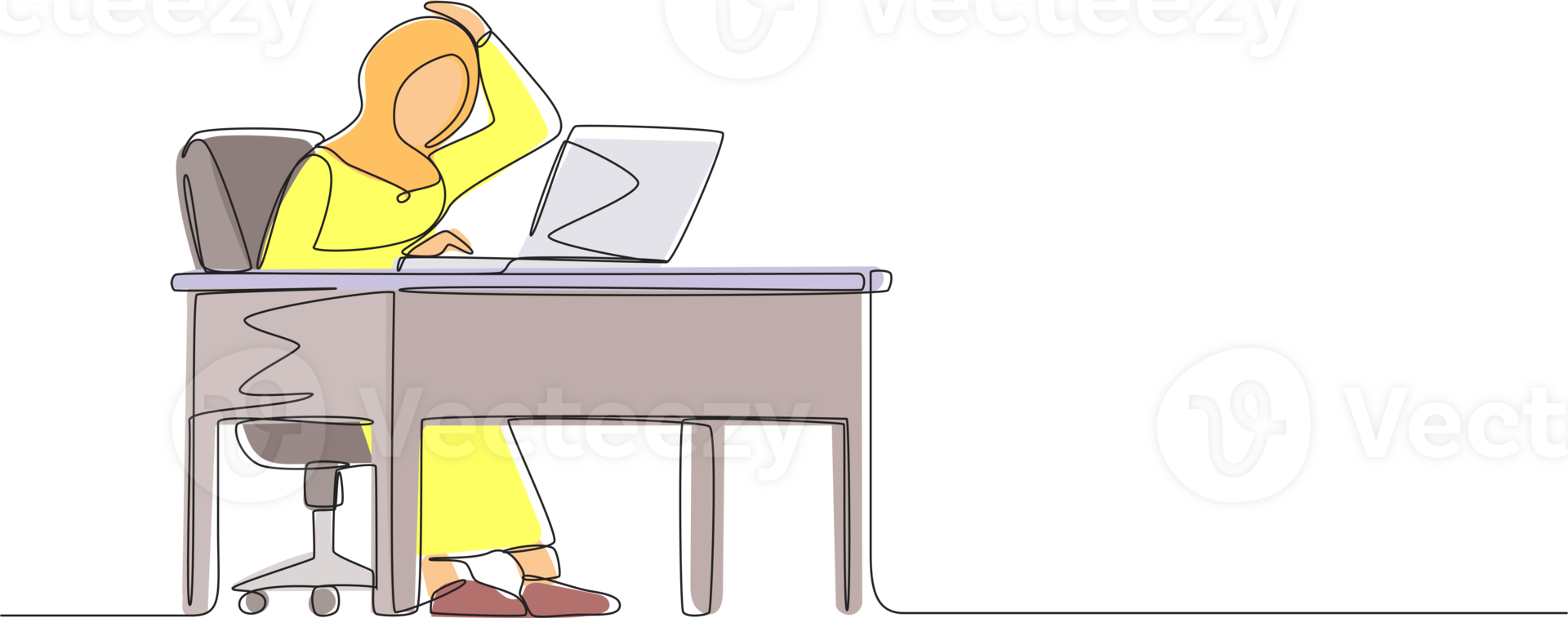 Single one line drawing female manager working on computer laptop. Arab woman with question mark over head scratches back of her head sitting in front of laptop. Continuous line design graphic png