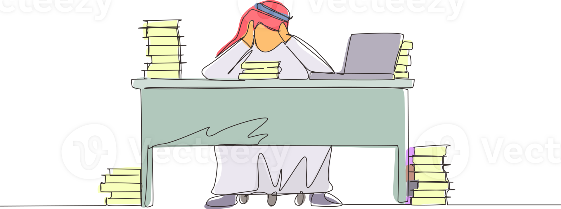 Single continuous line drawing stressed Arab businessman throwing tantrum in office holding his hands to his head shouting while seated at desk surrounded by files. One line draw graphic design png