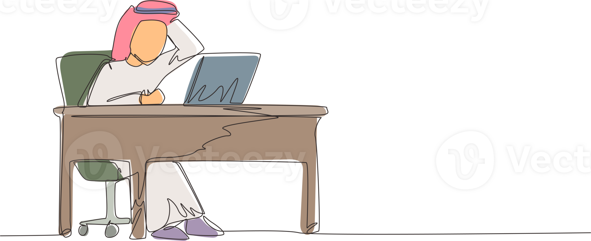 Continuous one line drawing male manager working on computer laptop. Arab businessman with question mark over head scratches back of his head sitting in front of laptop. Single line draw design png