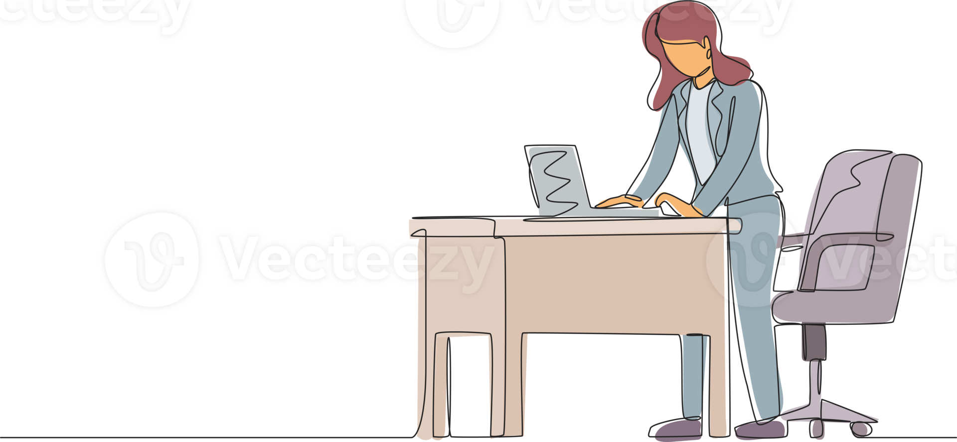 Single continuous line drawing woman employee working at ergonomic workstation. Office furniture with computer and laptop. Female standing on foot rest behind desk. One line draw graphic design png