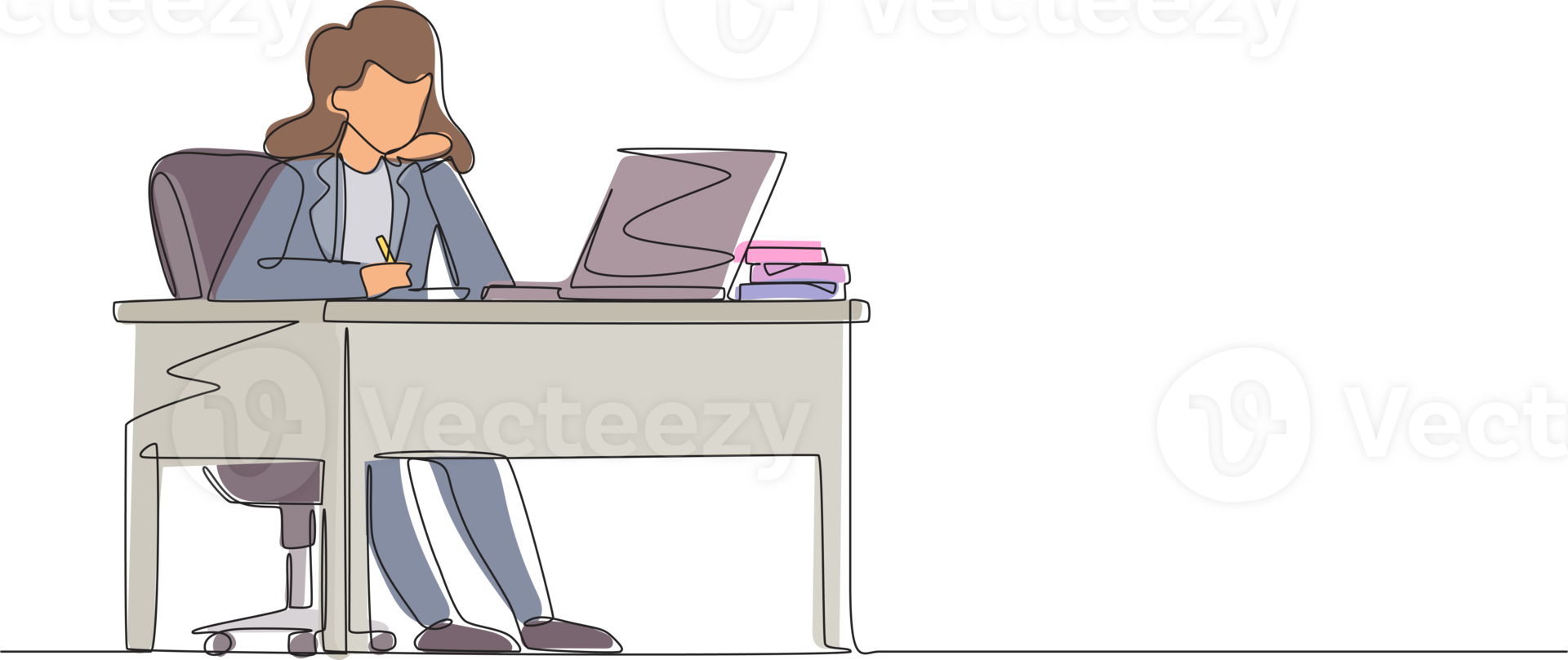 Single continuous line drawing businesswoman writing sitting in front of laptop at table. Female studying and writing in notebook, at desk in front of computer. One line draw graphic design png
