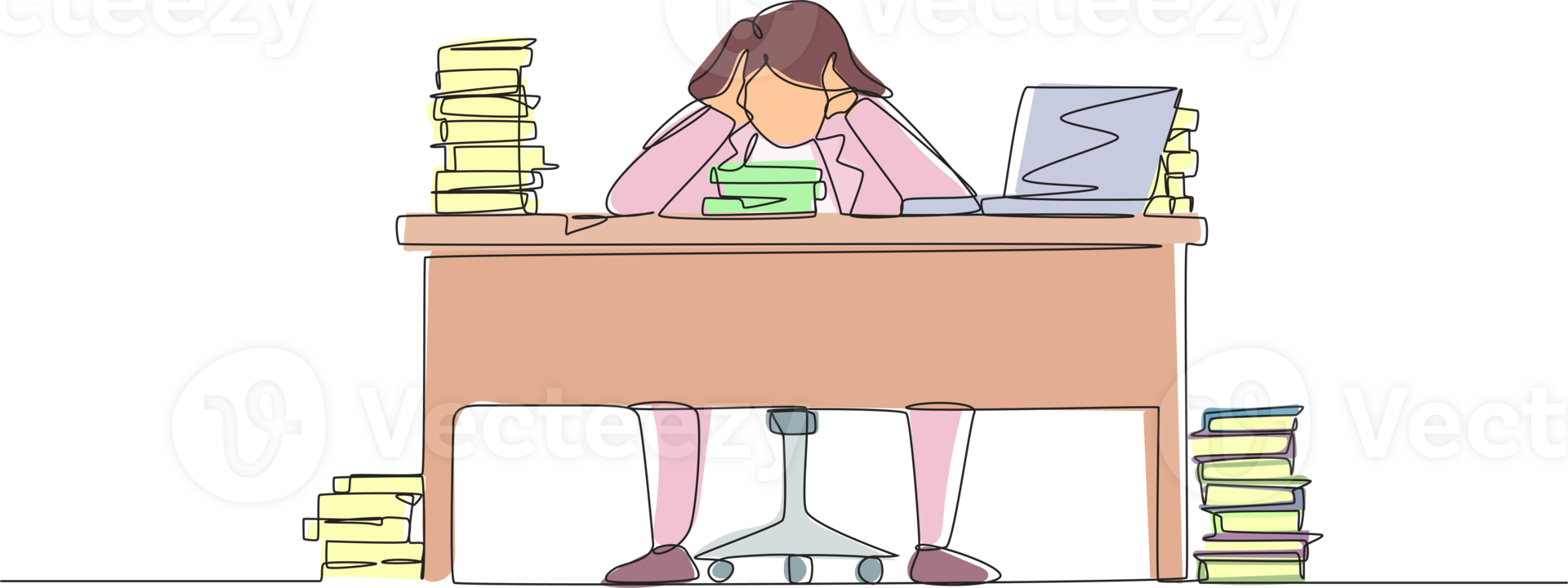 Single continuous line drawing stressed businesswoman throwing tantrum in office holding her hands to his head shouting while seated at a desk surrounded by files. One line draw graphic design png