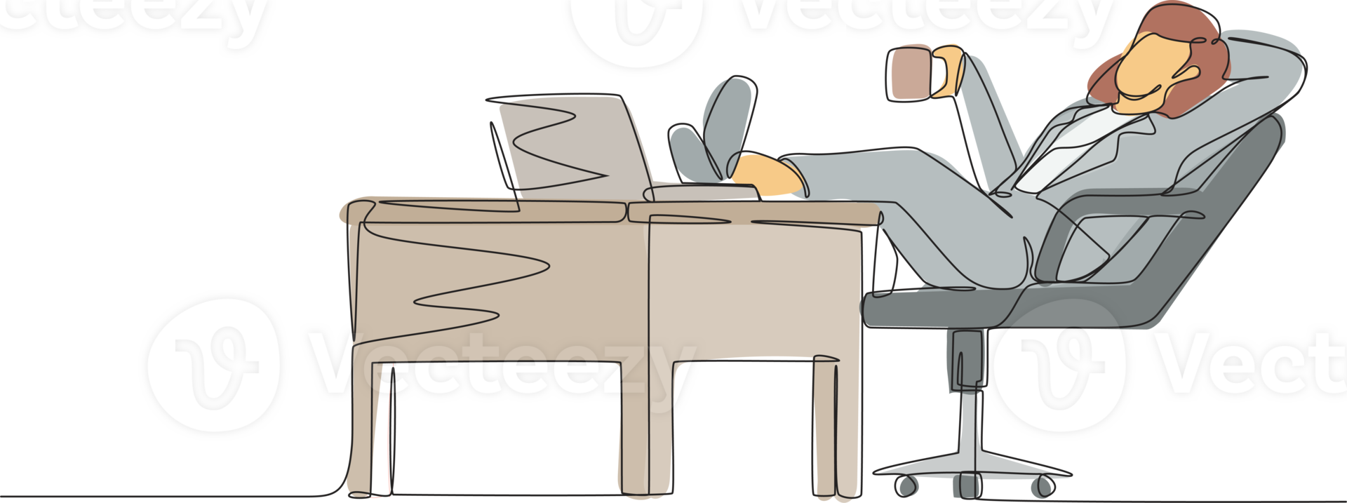 single doorlopend lijn tekening zakenvrouw werk ontspannen Bij bureau en drinken kop van koffie. vlak ontwerp van werknemer karakter werken met laptop computer. een lijn trek grafisch illustratie png