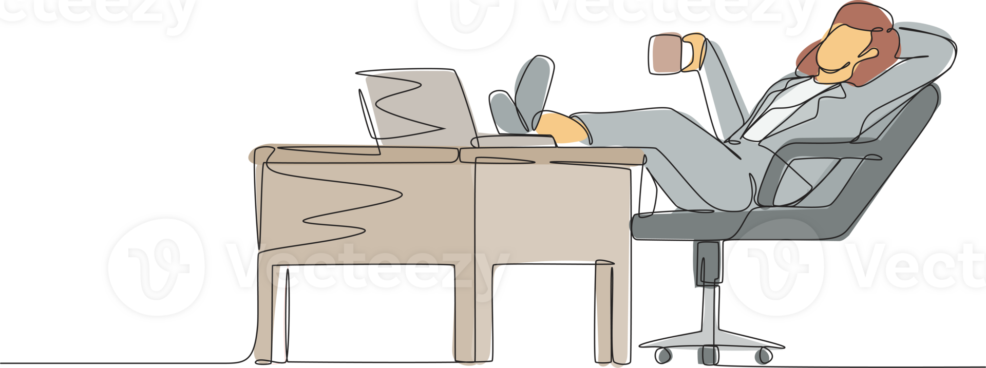 Single continuous line drawing businesswoman work relaxed at desk and drink cup of coffee. Flat design of employee character working with laptop computer. One line draw graphic illustration png