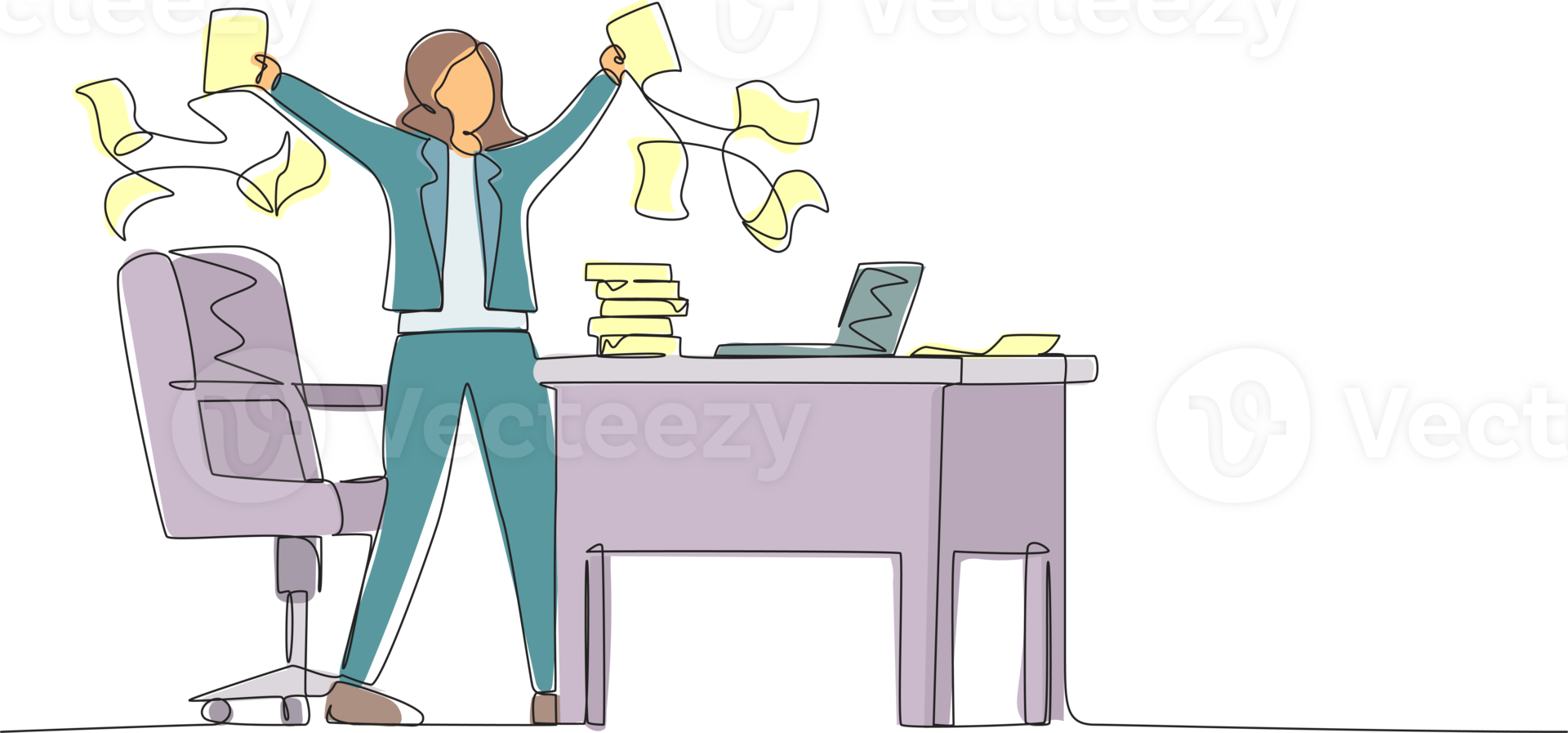Single one line drawing happy businesswoman, company leader or office worker throwing documents in air, enjoying business success while sitting at workplace. Continuous line design illustration png