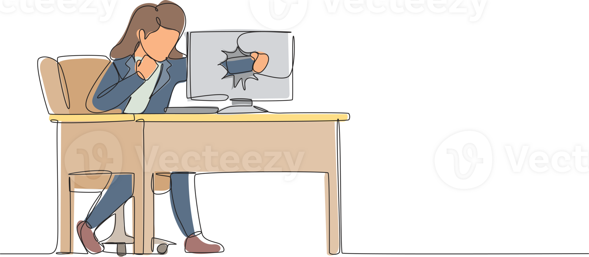 Single continuous line drawing angry businesswoman breaks her laptop computer hitting it with clenched fist sitting at desk. Frustrated woman punching hole in pc screen. One line graphic design png