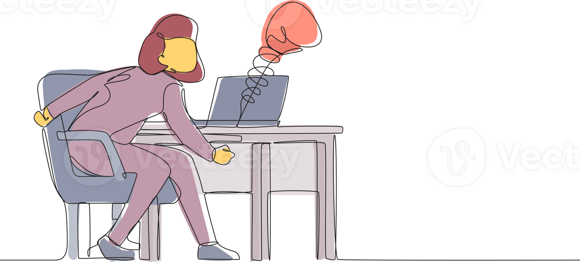 contínuo 1 linha desenhando triste mulher usando social meios de comunicação e ser socado de boxe luvas a partir de computador computador portátil. cyber assédio moral, conectados assédio usando social meios de comunicação. solteiro linha desenhar Projeto png