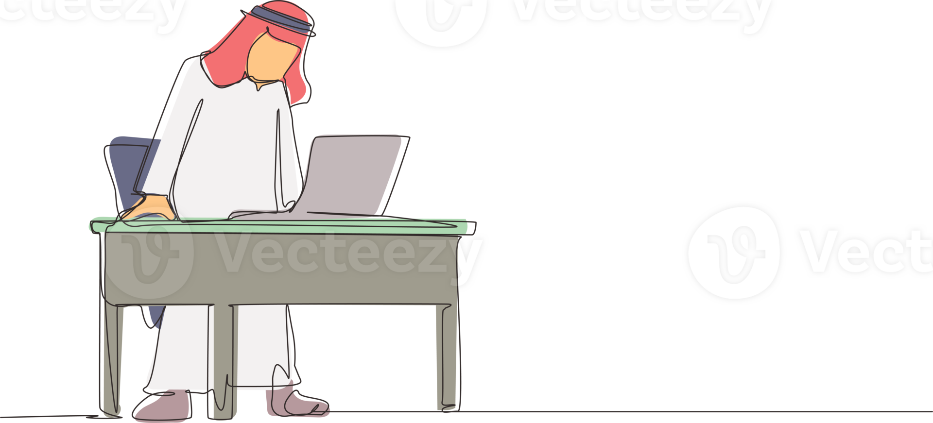 Single continuous line drawing frustrated and furious Arabian businessman shouting and screaming screen laptop on his working desk. Bad workspace emotions. One line graphic design illustration png