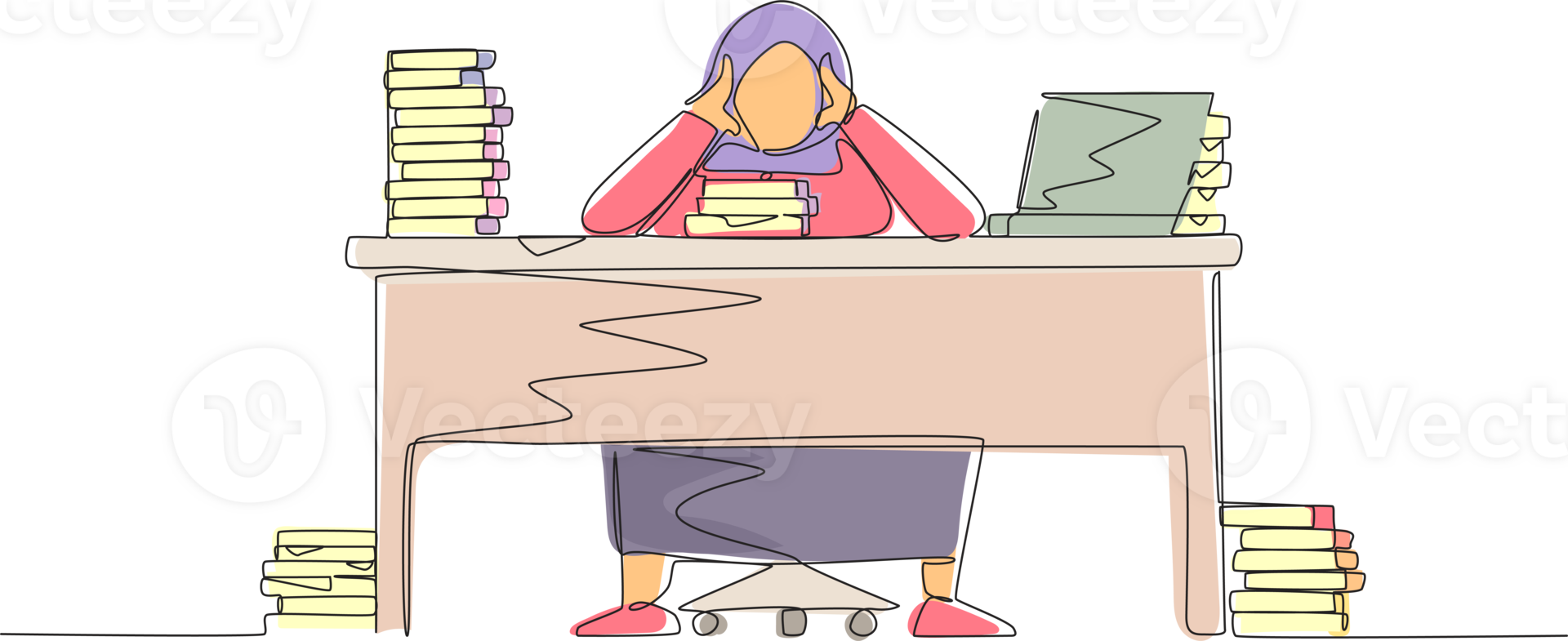 Single continuous line drawing stressed Arabian businesswoman throwing tantrum in office holding her hands to her head shouting while seated at desk surrounded by files. One line graphic design png