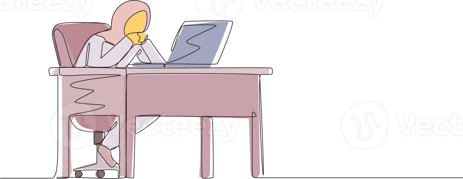 Single one line drawing pensive Arabian businesswoman working at laptop. Frustrated female in doubt with hand on chin gesture. Work at home office. Remote job, workplace. Continuous line design png
