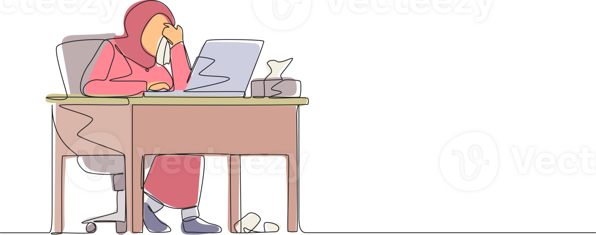 Single one line drawing female manager working on computer laptop. Arab woman with question mark over head scratches back of her head sitting in front of laptop. Continuous line design graphic png