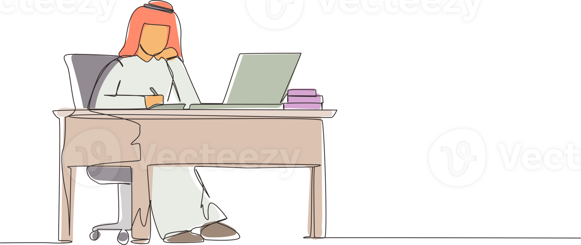 Single continuous line drawing Arabic businessman writing sitting in front of laptop at table. Young male studying and writing in notebook, at desk in front of computer. One line graphic design png