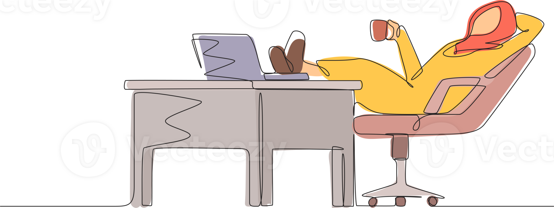 Single continuous line drawing Arab businesswoman work relaxed at desk and drink cup of coffee. Flat design of employee character working with laptop computer. One line draw design illustration png