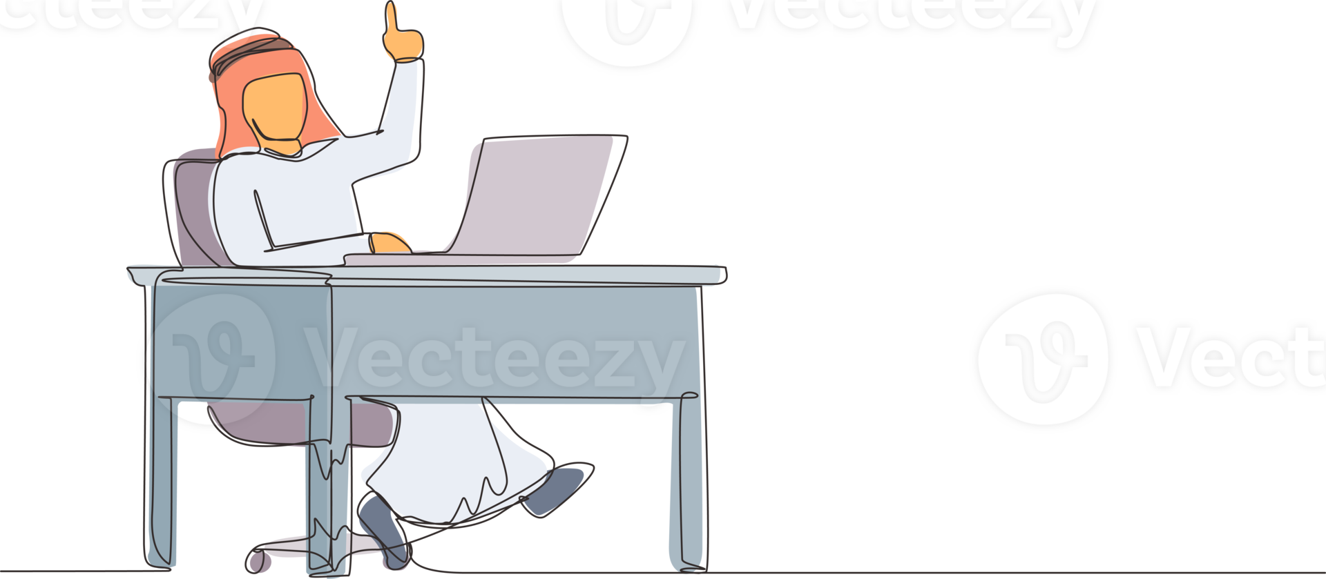 Single one line drawing Arabic businessman getting bright new idea while working with laptop on desk. Male manager working with computer at desk. People get idea. Continuous line design graphic png