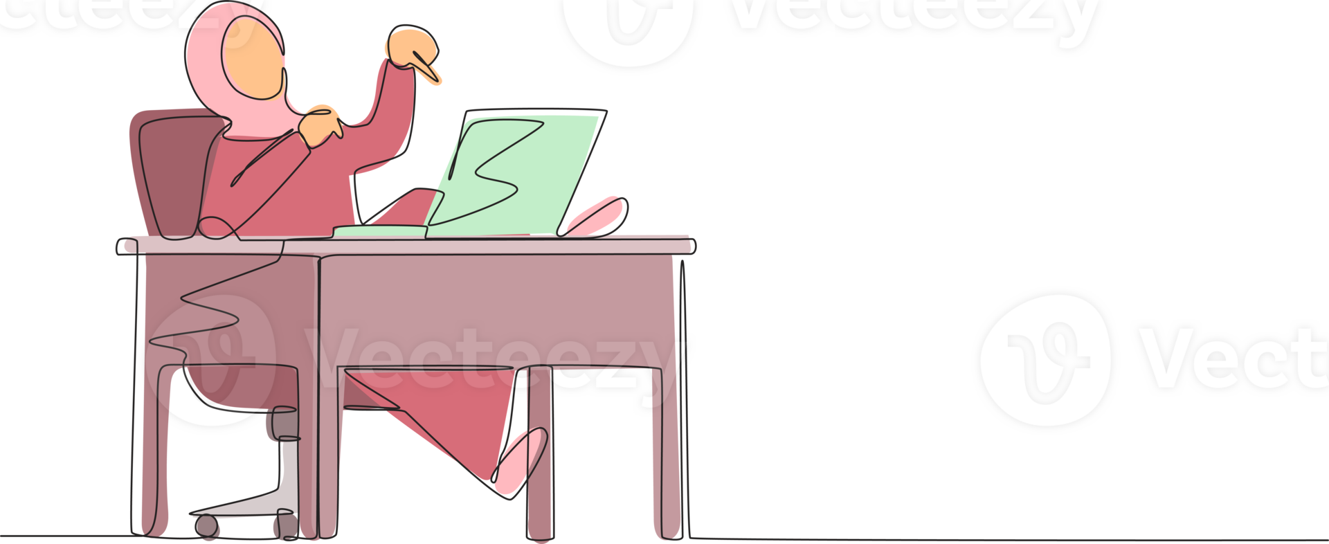 Single one line drawing female manager working on computer laptop. Arab woman with question mark over head scratches back of her head sitting in front of laptop. Continuous line design graphic png