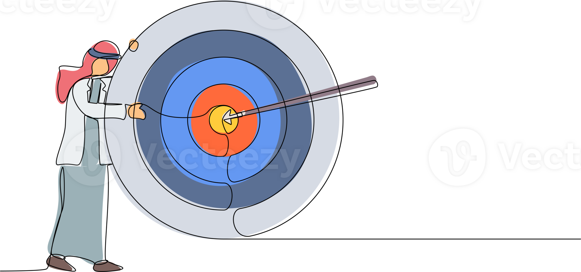 Single continuous line drawing Arab businessman hugs and stands next to circle of red target, arrow that hit target right in middle, analyze result of achievement within company. One line draw design png