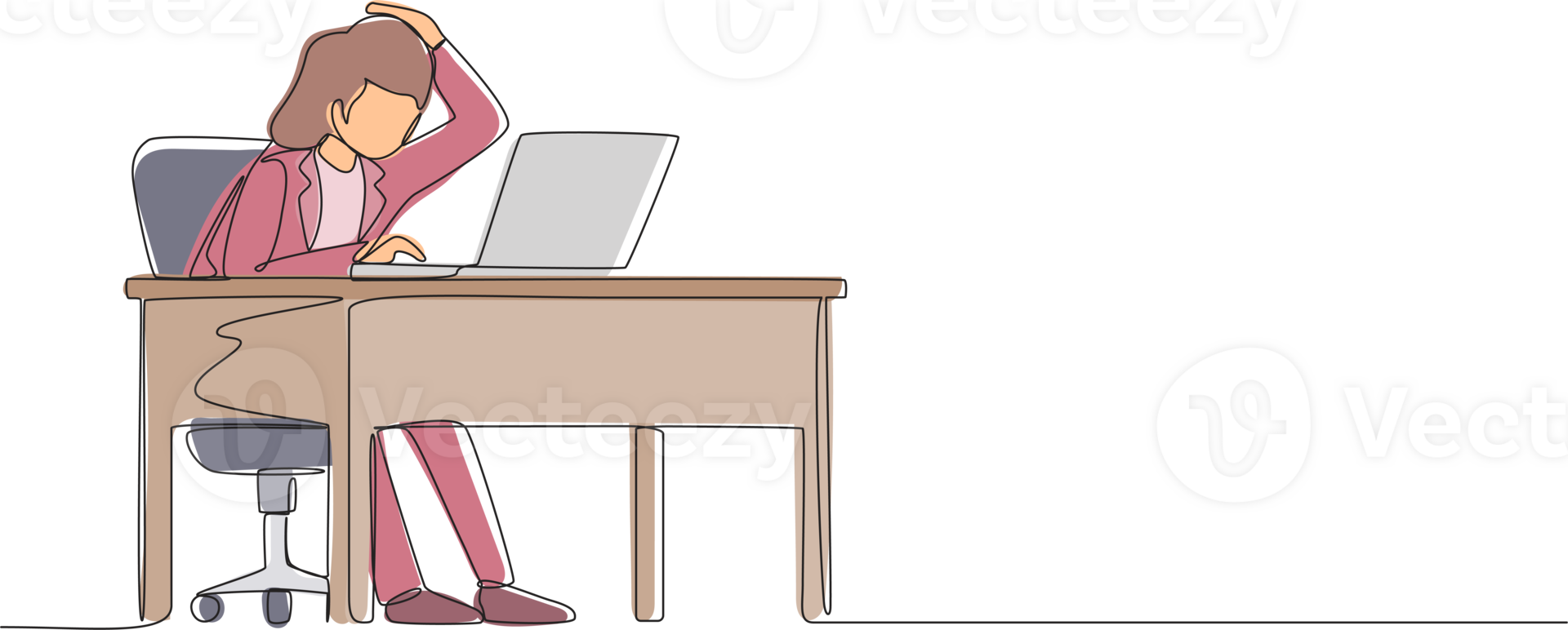 Single continuous line drawing female manager working on computer laptop. Woman with question mark over head scratches back of her head sitting in front of laptop. One line draw graphic design png