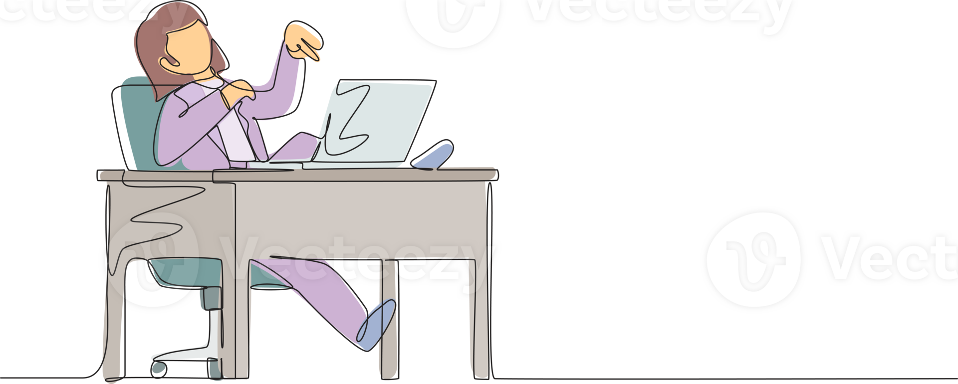 Single one line drawing woman manager laughing out loud while pointing her finger at laptop. Happiness, business success, win, leader, development concept. Continuous line draw design graphic png