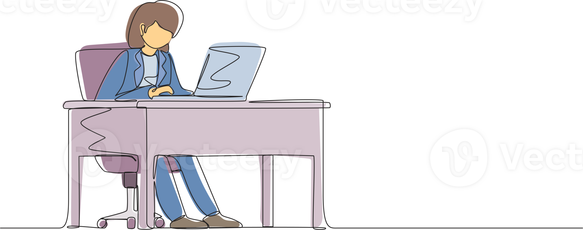 Continuous one line drawing female works in office. Woman working, typing and sending messages. Work, table, computer flat. Workplace and communication concept. Single line draw design graphic png