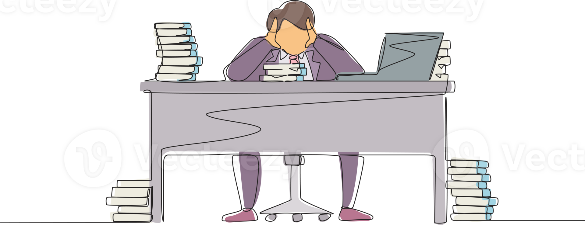 Single one line drawing stressed businessman throwing tantrum in office holding his hands to his head shouting while seated at desk surrounded by files. Continuous line draw design graphic png