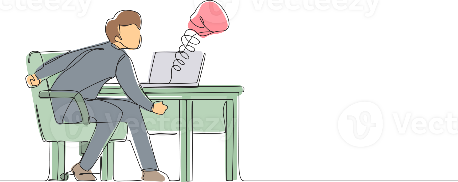 Single continuous line drawing sad man using social media and being punched by boxing gloves from computer laptop. Cyber bullying, online harassment using social media. One line graphic design png