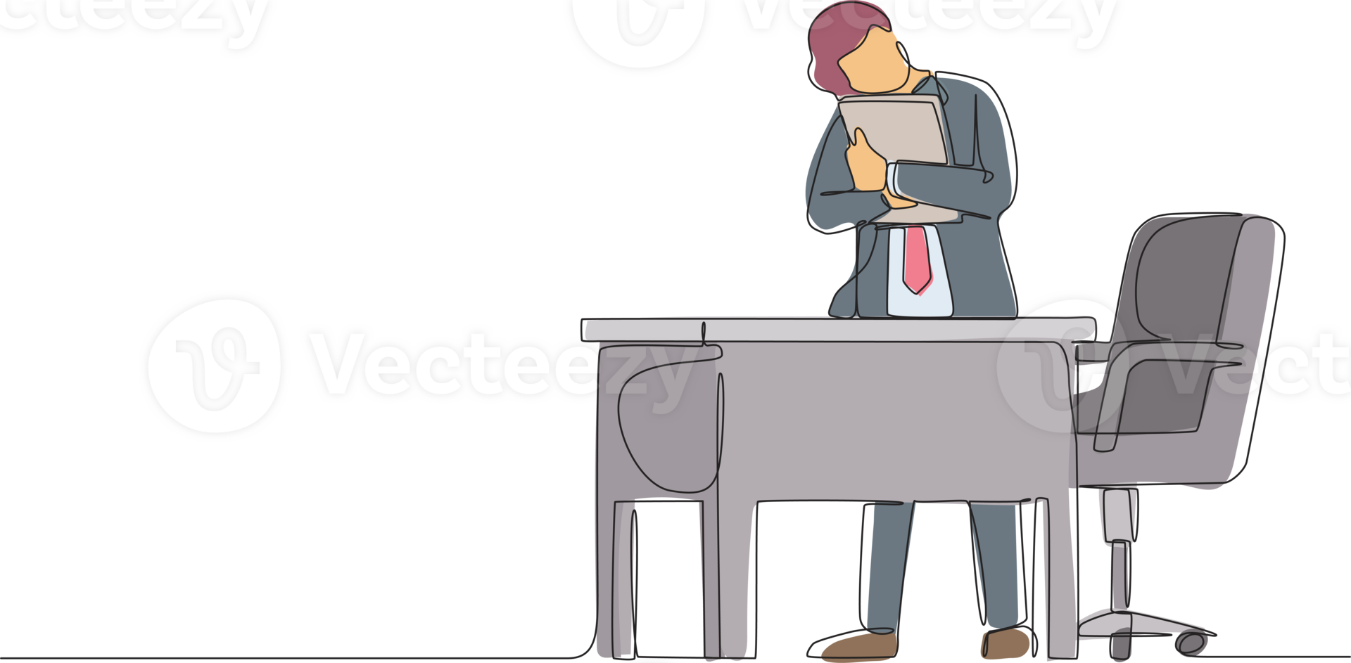 Single continuous line drawing businessman hugging laptop at office. Love to computer concept. Young emotional male. Human emotions, facial expression. One line draw graphic design illustration png