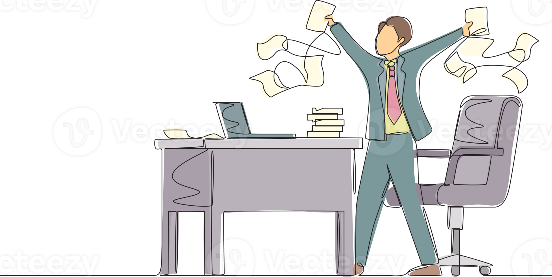 Continuous one line drawing happy businessman, company leader or office worker throwing documents in air, enjoying business success while sitting at workplace. Single line draw design graphic png