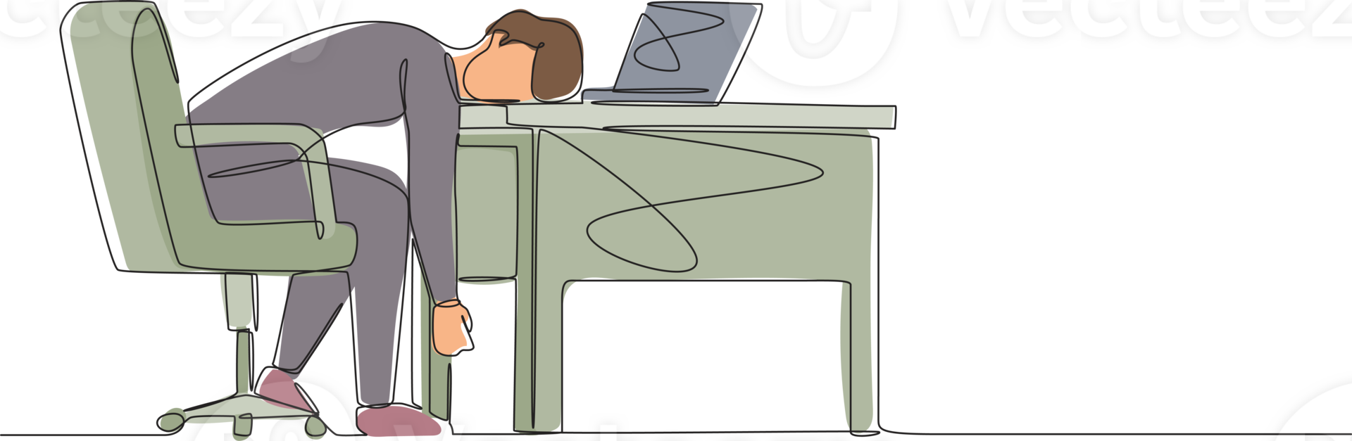 Continuous one line drawing professional burnout syndrome. Exhausted sick tired male manager in office sad boring sitting with head down on laptop. Single line draw design graphic illustration png