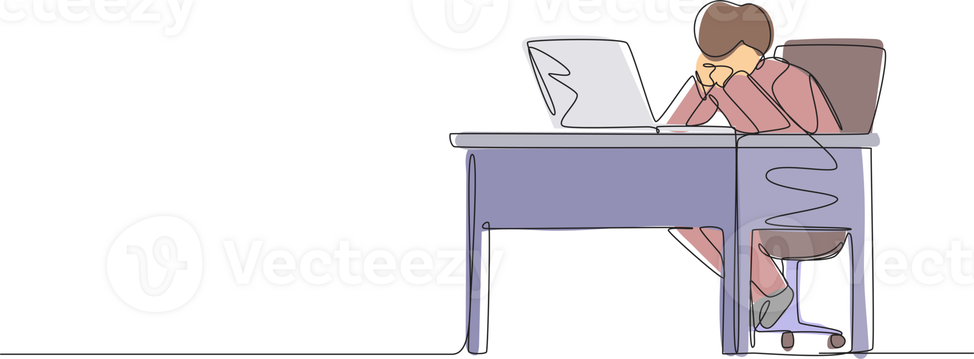 Single one line drawing pensive businessman working at laptop. Frustrated male in doubt with hand on chin gesture. Work at home office. Remote job, workplace. Continuous line design graphic png