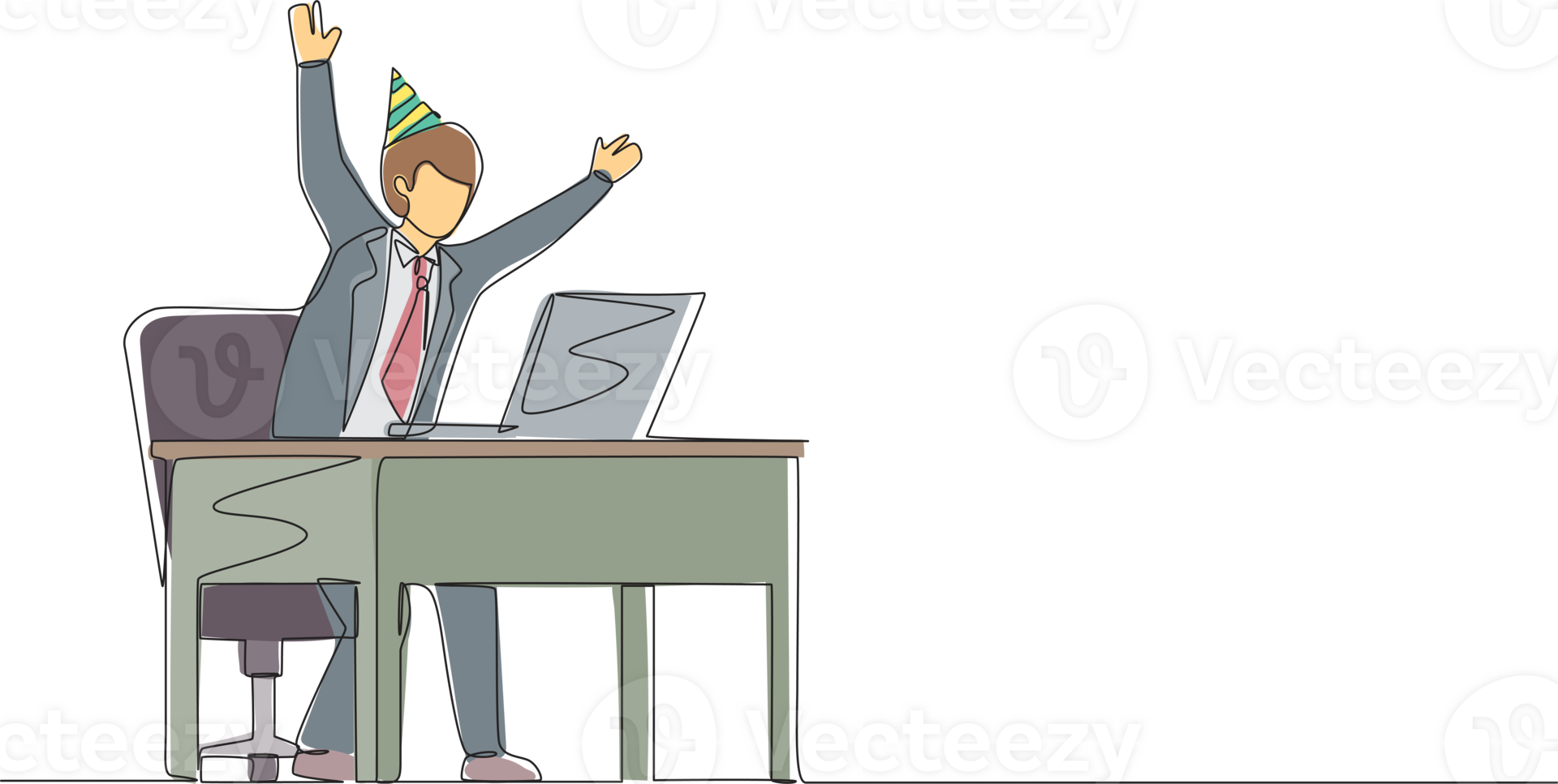 Single one line drawing success in work, winning online, technology concept. Businessman stands in office with hand raised opposite computer screen celebrating success. Continuous line design png
