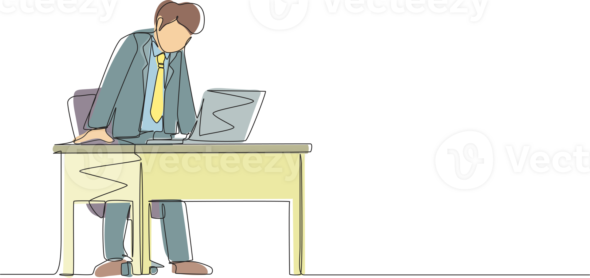 Single continuous line drawing frustrated and furious businessman shouting and screaming screen laptop on his working desk. Bad workspace emotions. One line draw graphic design illustration png