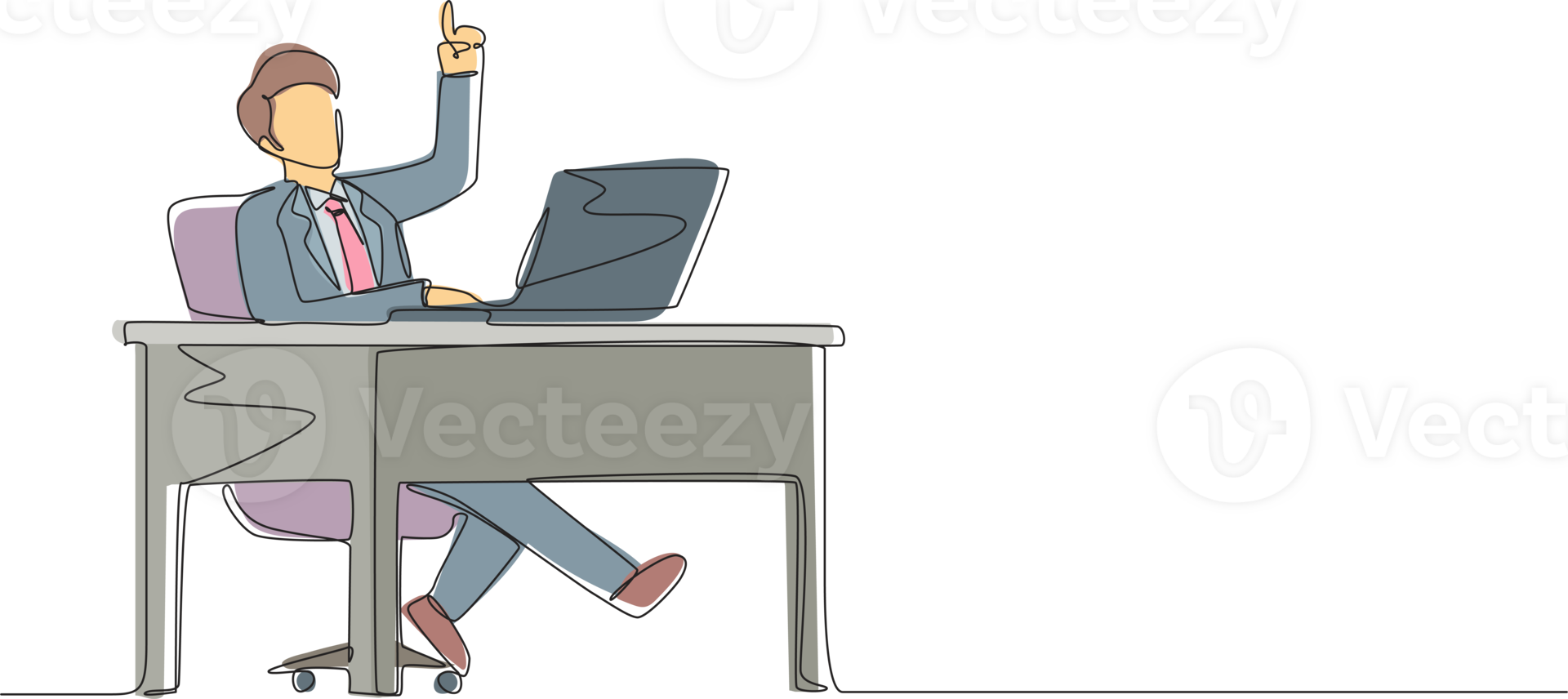 Single one line drawing businessman getting bright new idea while working with laptop on desk. Male manager working with computer at desk. People get idea. Modern continuous line draw design png