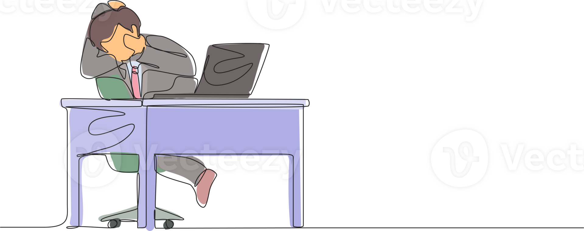 Single continuous line drawing scared man manager looking at laptop computer screen. Shocked male watching video on his notebook computer at home. One line draw graphic design illustration png