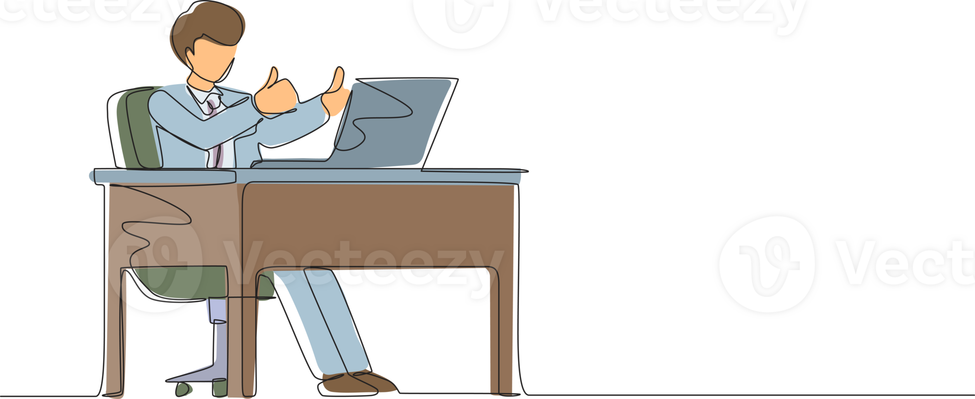 Single continuous line drawing businessman giving good sign in front of computer. Male manager in suit operating PC while doing thumbs-up sign. Happy employee concept. One line graphic design png