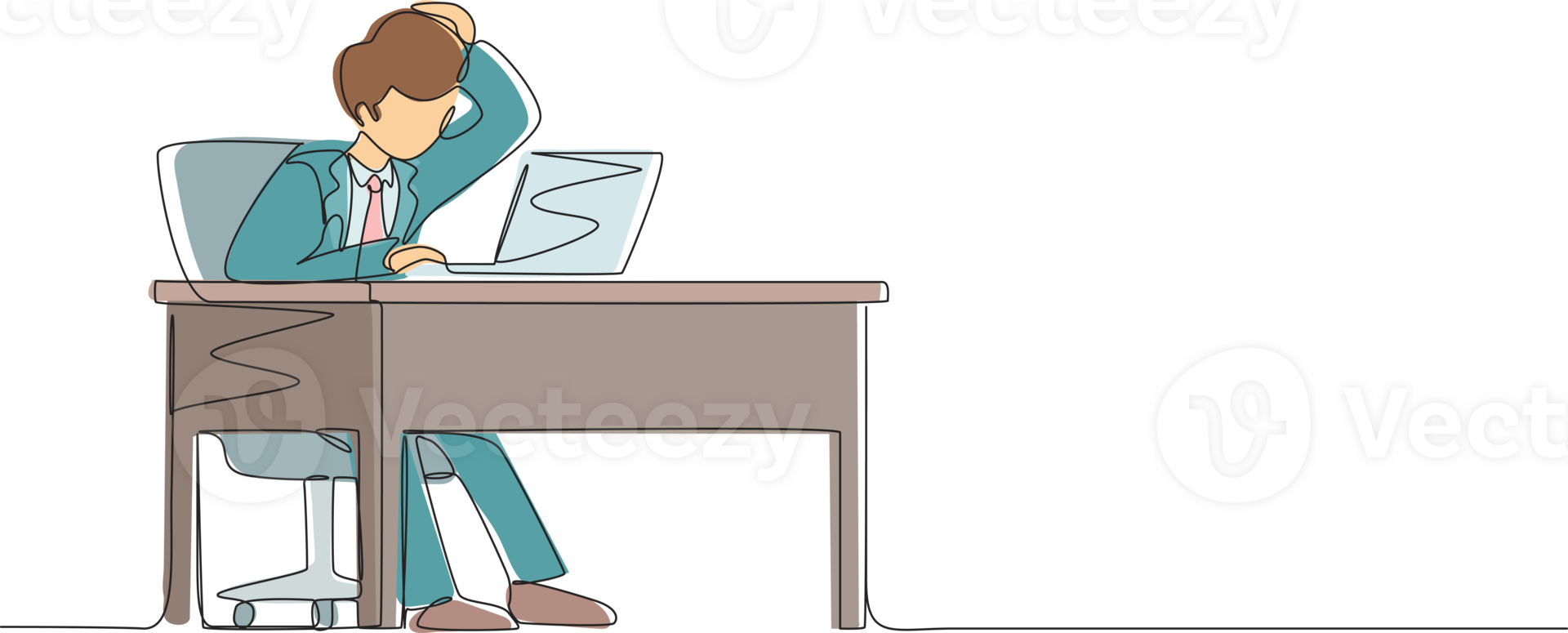 Continuous one line drawing male manager working on computer laptop. Businessman with question mark over head scratches back of his head sitting in front of laptop. Single line design graphic png