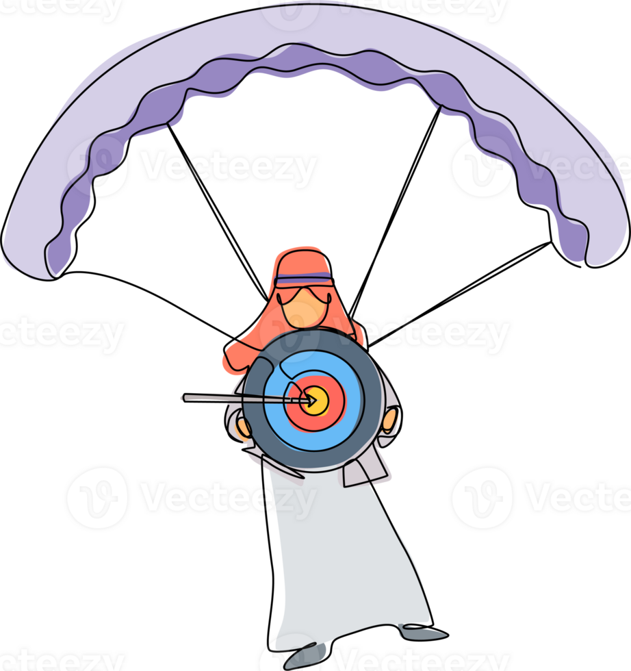 continuo uno línea dibujo árabe empresario participación objetivo con flecha en diana y saltando con paracaídas. objetivo ajuste. inteligente meta. negocio objetivo. soltero línea dibujar diseño ilustración png