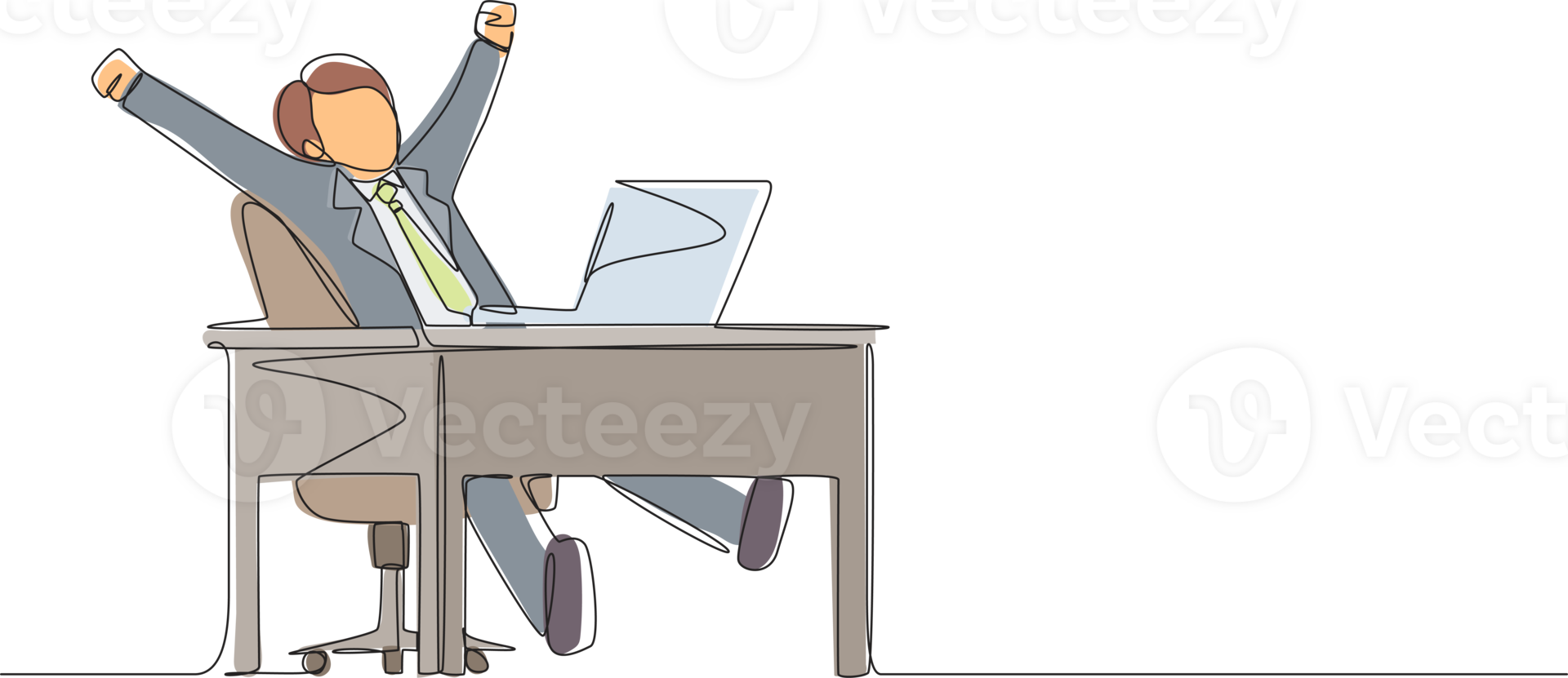 Continuous one line drawing happy businessman sitting in chair at desk using laptop celebrating win with hands raised. Celebrating win, positive emotion concept. Single line draw design graphic png