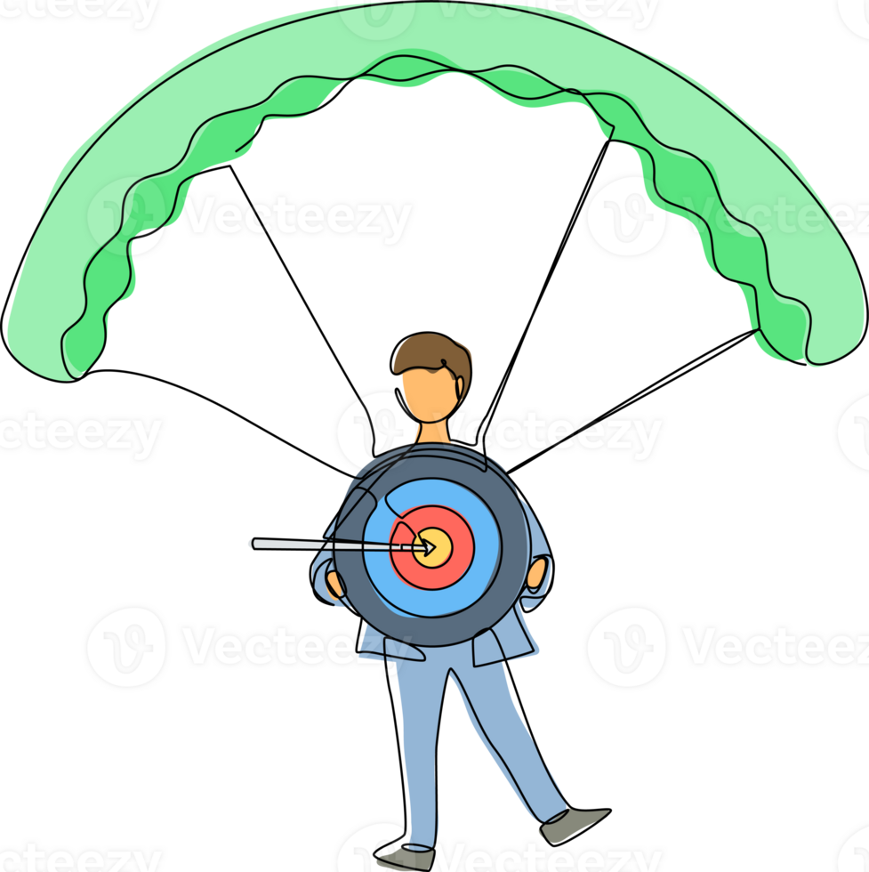 Single one line drawing businessman holding target with arrow in bullseye and jumping with parachute. Achievement and success. Business target concept. Continuous line draw design illustration png