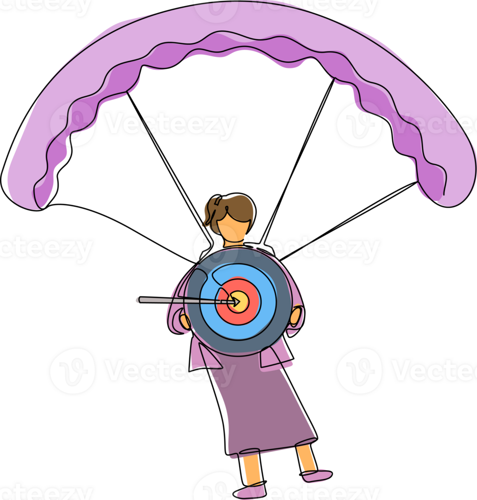 Single continuous line drawing cute businesswoman holding target with arrow in bullseye and jumping with parachute. Goal setting. Professional manager. One line draw graphic design illustration png