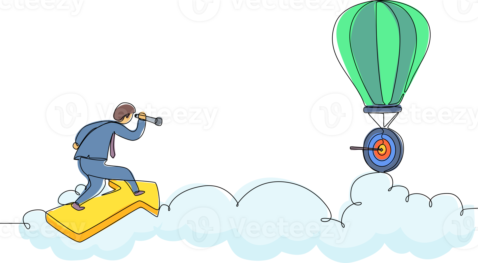 Single one line drawing male employee fly on arrow and using monocular