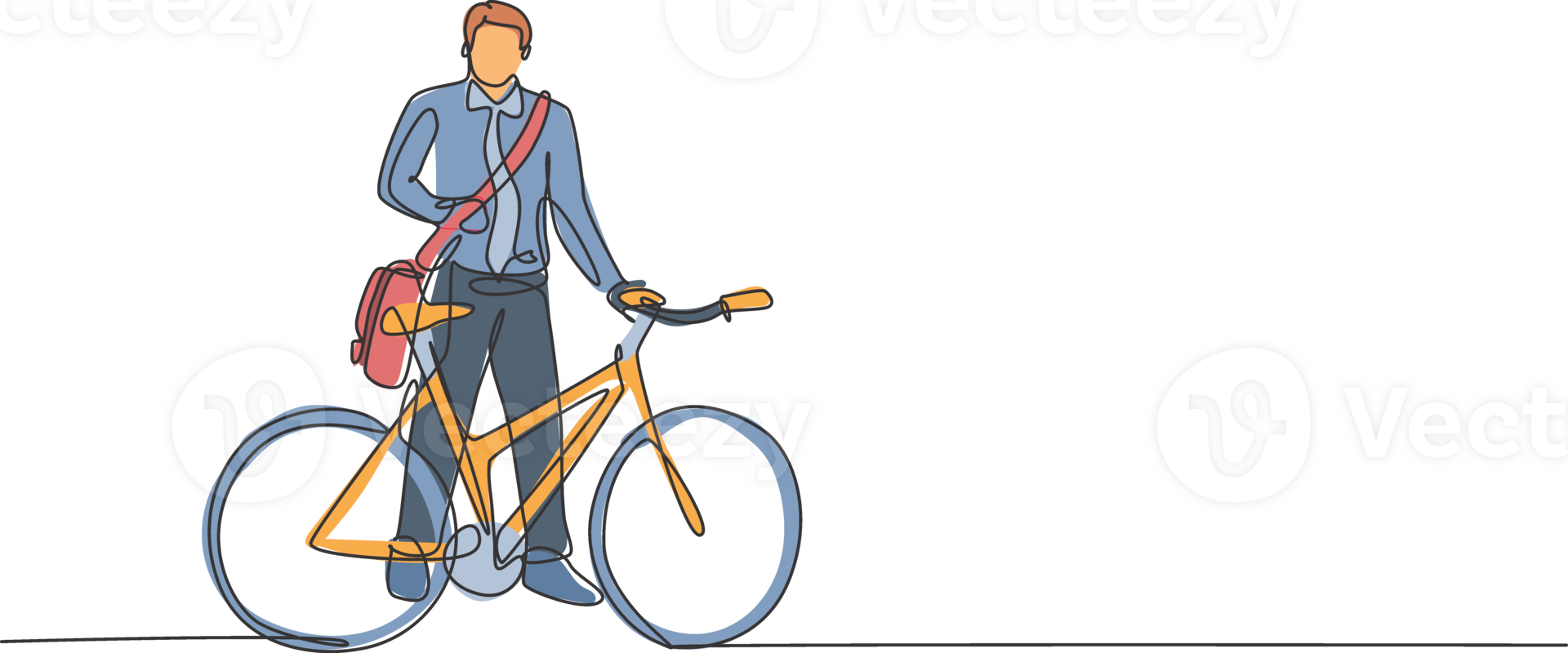 Single continuous line drawing young professional businessman riding bicycle to his company. Bike to work, eco friendly transportation concept. Trendy one line draw design graphic illustration png